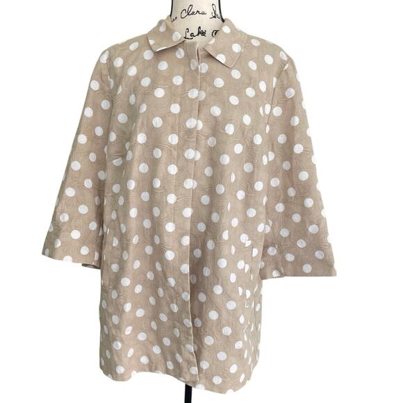 CHICO’S POLKA DOT JACKET TAN/WHITE PLEAT BACK 3/4 SLEEVES 
SZ 16 SOPHISTICATED - Picture 10 of 16